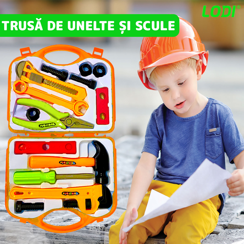 Set Trusa de Unelte si Scule Lodi476, jucarie de rol, 14 accesorii si cutie pentru depozitare. 37.5 x 21 cm, portocaliu
