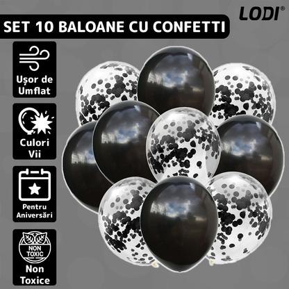 Set 10 Baloane Lodi771, Confeti, pentru Petreceri/Aniversari/Evenimente, o singura dimensiune, 2 culori, latex, negru