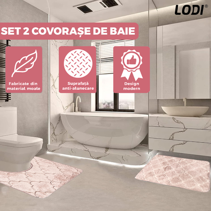 Set 2 Covorase de Baie Lodi1019, anti-derapante, material moale, design modern, model floral, 80x50 & 50x40cm, roz