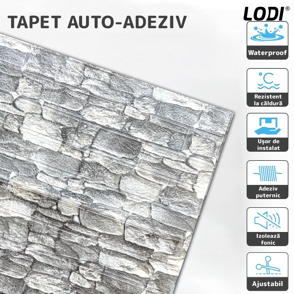 Set Tapet Caramida 3D Lodi243, Model Piatra Rotunda, suprafata acoperire 5.3 mp, autoadeziv, waterproof, usor de montat, design modern, 70x77 cm, gri