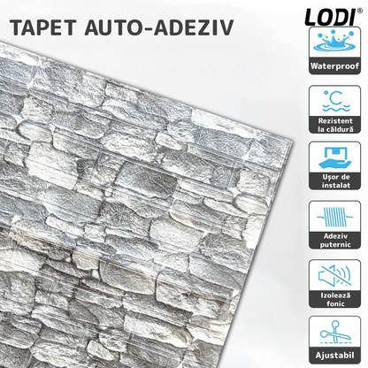 Set Tapet Caramida 3D Lodi243, Model Piatra Rotunda, suprafata acoperire 5.3 mp, autoadeziv, waterproof, usor de montat, design modern, 70x77 cm, gri