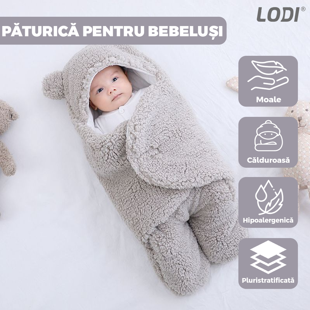 Paturica Pufoasa pentru Bebe Lodi499, calduroasa, in forma de ursulet pentru infasat bebelusi, prindere velcro, 0-6 luni, gri deschis