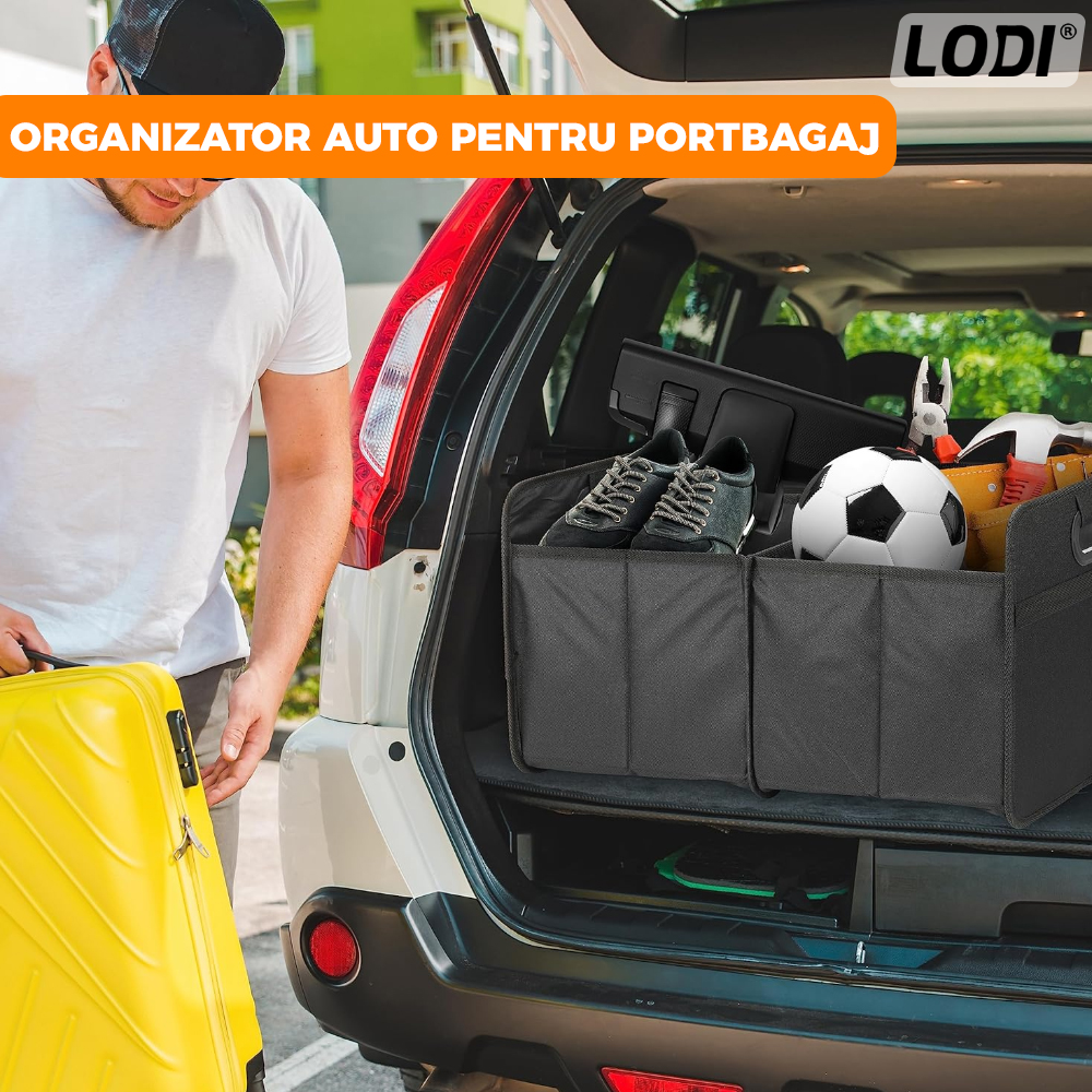 Organizator Auto Portbagaj Lodi294, 2 compartimente, pliabil, portabil, elastic de prindere, multifunctional, universal, negru