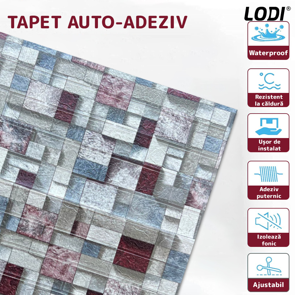 Set Tapet Caramida 3D Lodi®, Model Piatra Mozaic, autoadeziv, waterproof, usor de montat, design modern, 70x77 cm, multicolor