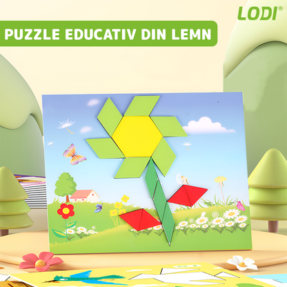 Joc Educativ din Lemn Lodi1172, Tangram cu 250 piese, 12 planse de puzzle, cifre și simboluri matematice, dezvolta inteligenta, culori non-toxice, multicolor