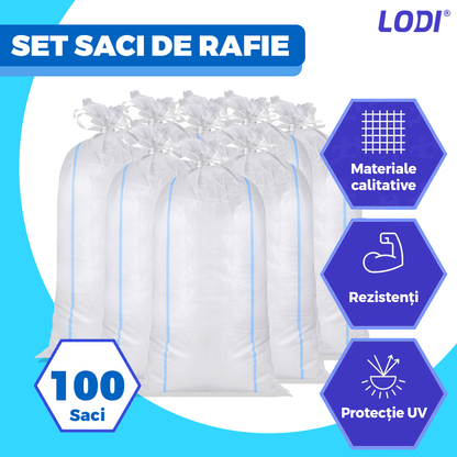 Set 100 de Saci de Rafie Lodi1250, materiale calitative, rezistenta ridicata, capacitate mare, waterproof, universali, 55 x 100 cm, alb/albastru