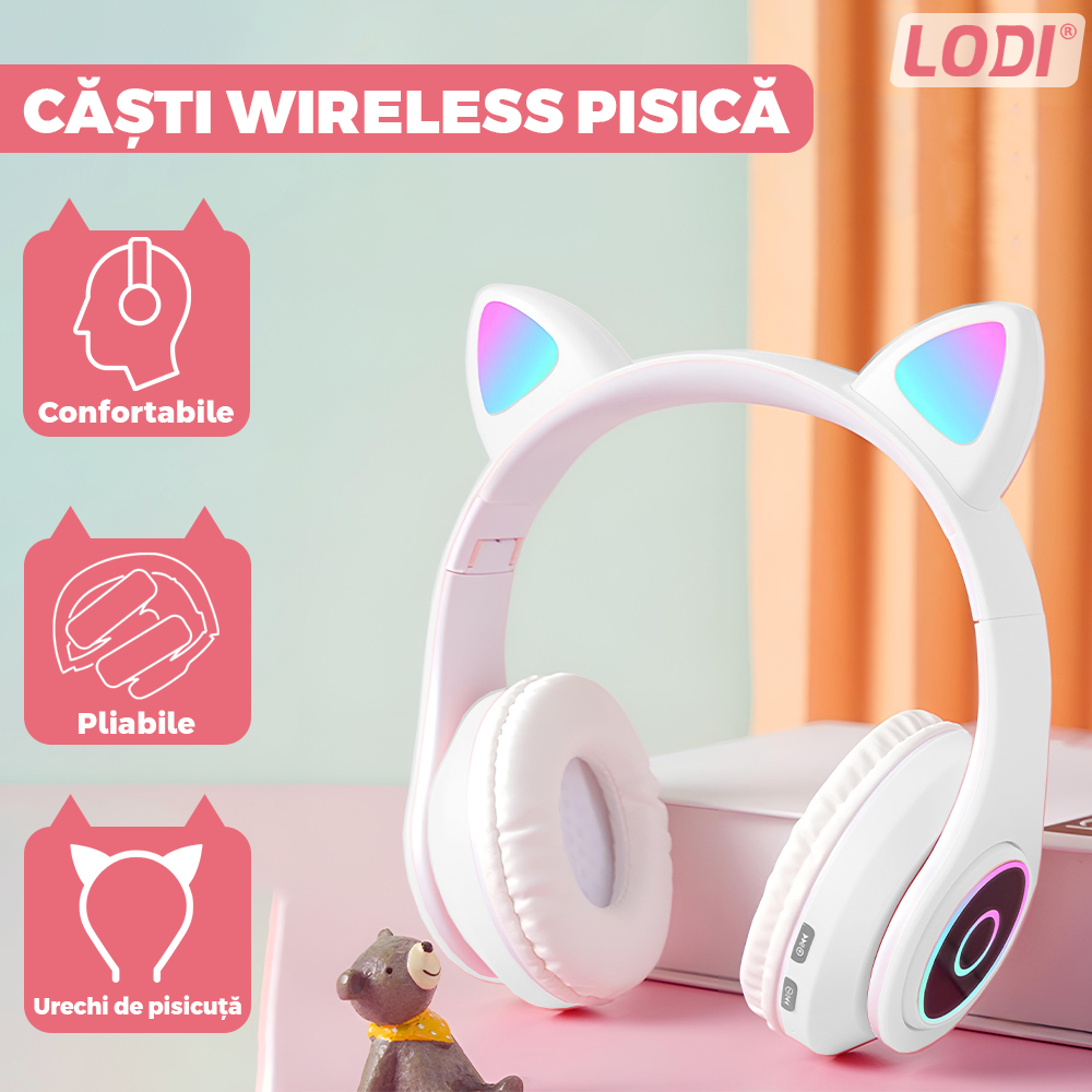 Casti Wireless Model Pisica Lodi1446, B39, overear, urechi de pisica cu iluminare RGB, bluetooth 5.0, handsfree, HiFi, bass stereo, alb