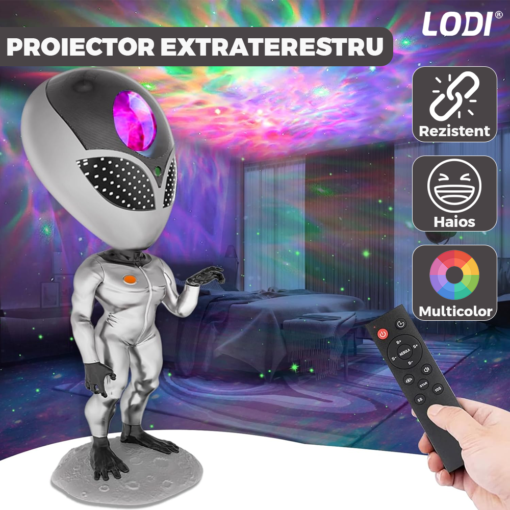 Proiector de Lumini Lodi545, tip extraterestru, cu telecomanda si timer pentru durata de iluminare, 8 moduri de proiectie, rotire 360 de grade, ajustare luminozitate, gri