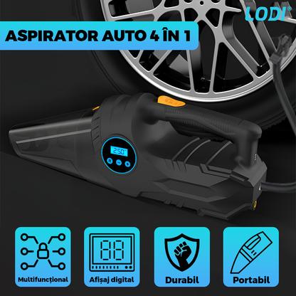 Aspirator Auto 4 in 1 Lodi1179, portabil, multifunctional, wireless, compresor anvelope. manometru, lanterna LED, aspirare umeda/uscata, vacuum 6000 mbar, putere motor 100W,  afisaj digital, negru