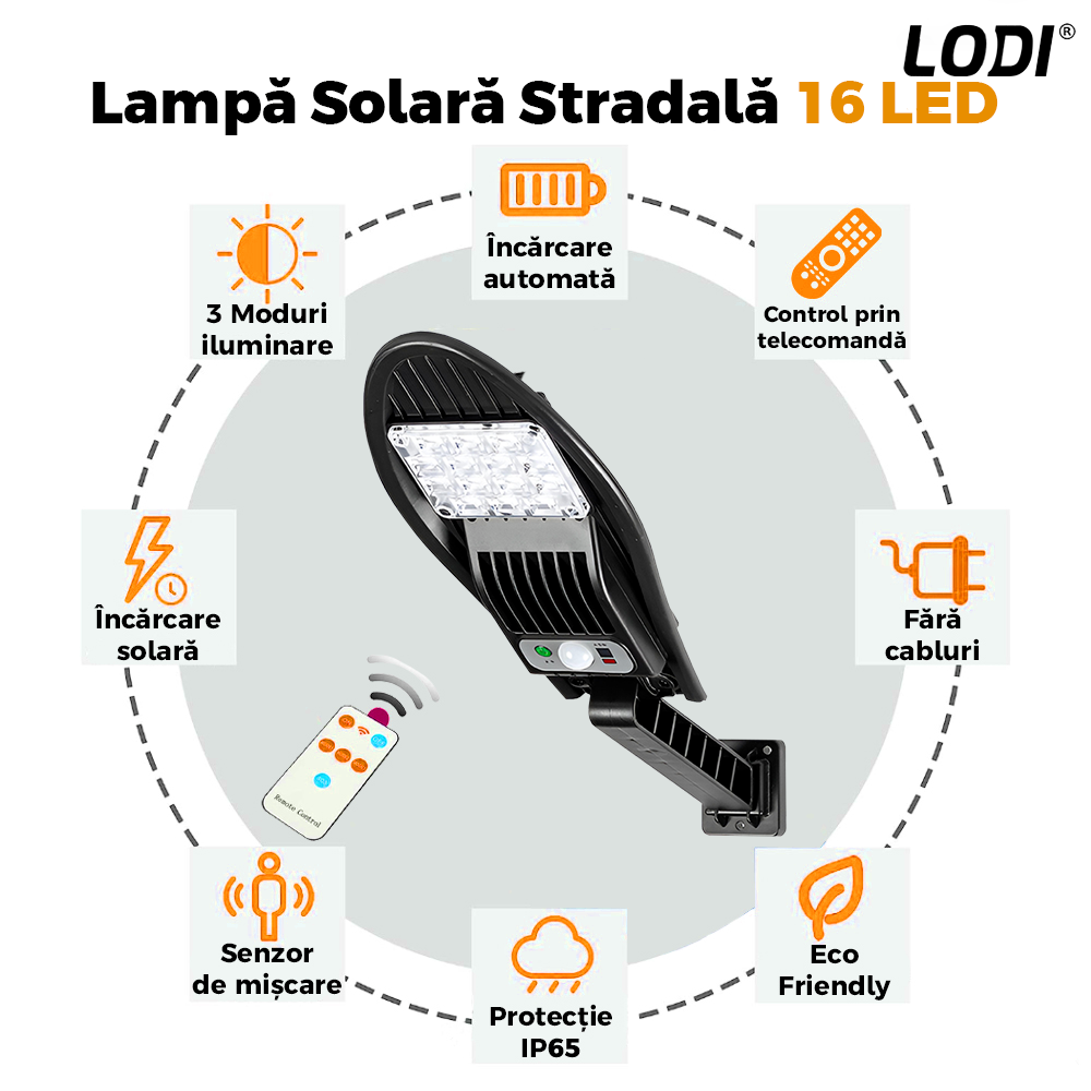 Lampa Solara Stradala 16 LED-uri Lodi869, rotunda, control prin telecomanda, senzor de miscare, 3 moduri de iluminare, protectie IP65, Waterproof, exterior, negru