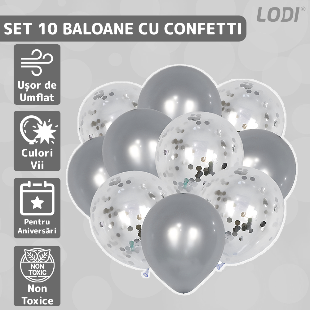 Set 10 Baloane Lodi770, Confeti, pentru Petreceri/Aniversari/Evenimente, o singura dimensiune, 2 culori, latex, argintiu