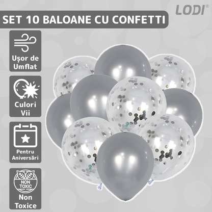 Set 10 Baloane Lodi770, Confeti, pentru Petreceri/Aniversari/Evenimente, o singura dimensiune, 2 culori, latex, argintiu