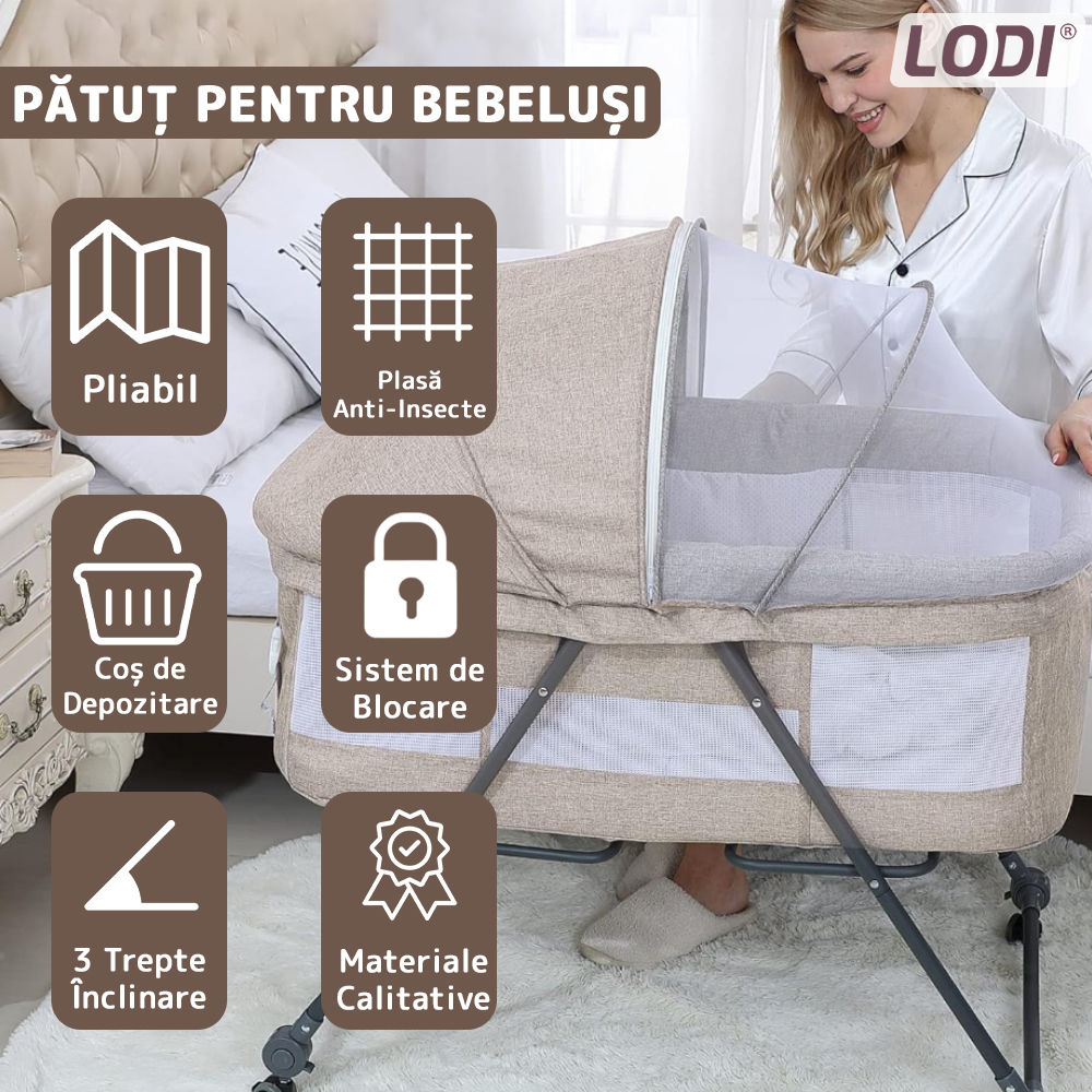 Patut Pliabil pentru Bebelusi Lodi309, 3 trepte de inclinare, sistem de blocare, plasa anti-insecte, cos depozitare, crem