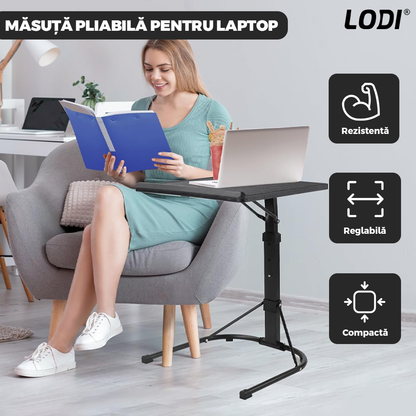 Masa Laptop Multifunctionala Lodi626, patrata, 3 trepte de inaltime, unghi ajustabil, cadru metalic, rezistenta,  negru, 43 x 43 cm