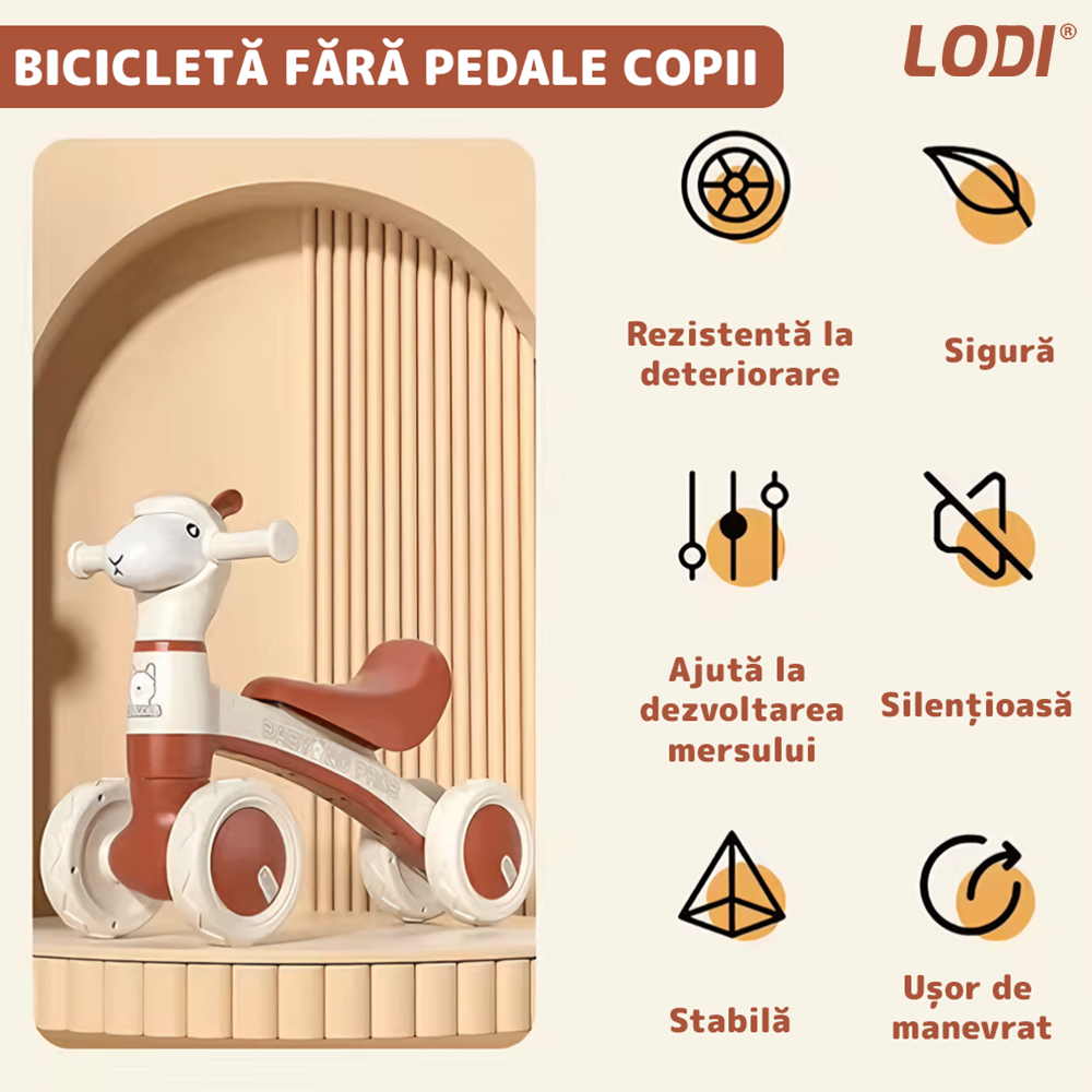 Bicicleta cu 4 Roti fara Pedale Oita Lodi1101, structura stabila, cap luminos, functie cu muzica, lansator de baloane incorporat,  80 x 58 x 51 cm, 1-3 ani,  maro