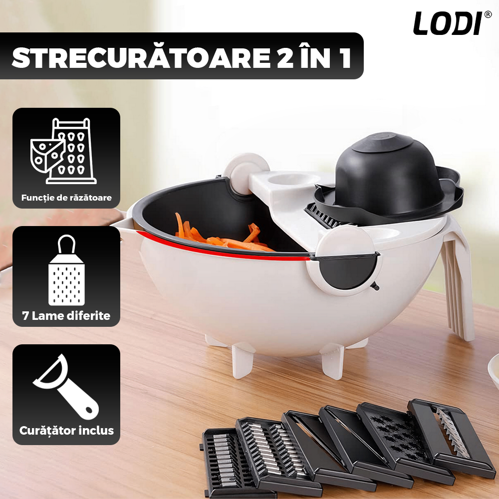 Strecuratoare 2 in 1 Lodi1453, razatoare incorporata, bol de scurgere, rotire 360°, 7 lame diferite, maner anti-alunecare, curatator de legume si fructe inclus, alb/negru