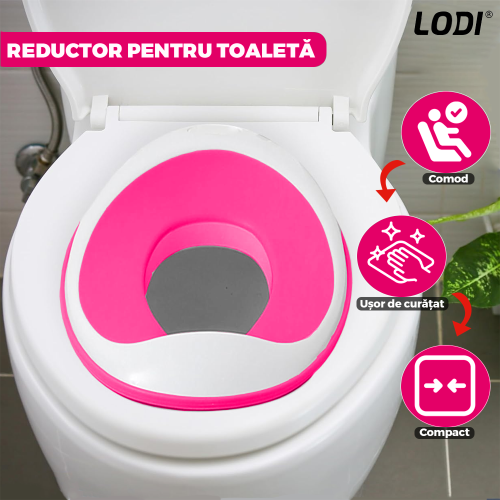 Reductor WC Copii Lodi649, suprafata antiderapanta, confortabil, protectie impotriva stropilor, compatibilitate universala, inel de prindere, portabil, alb/roz