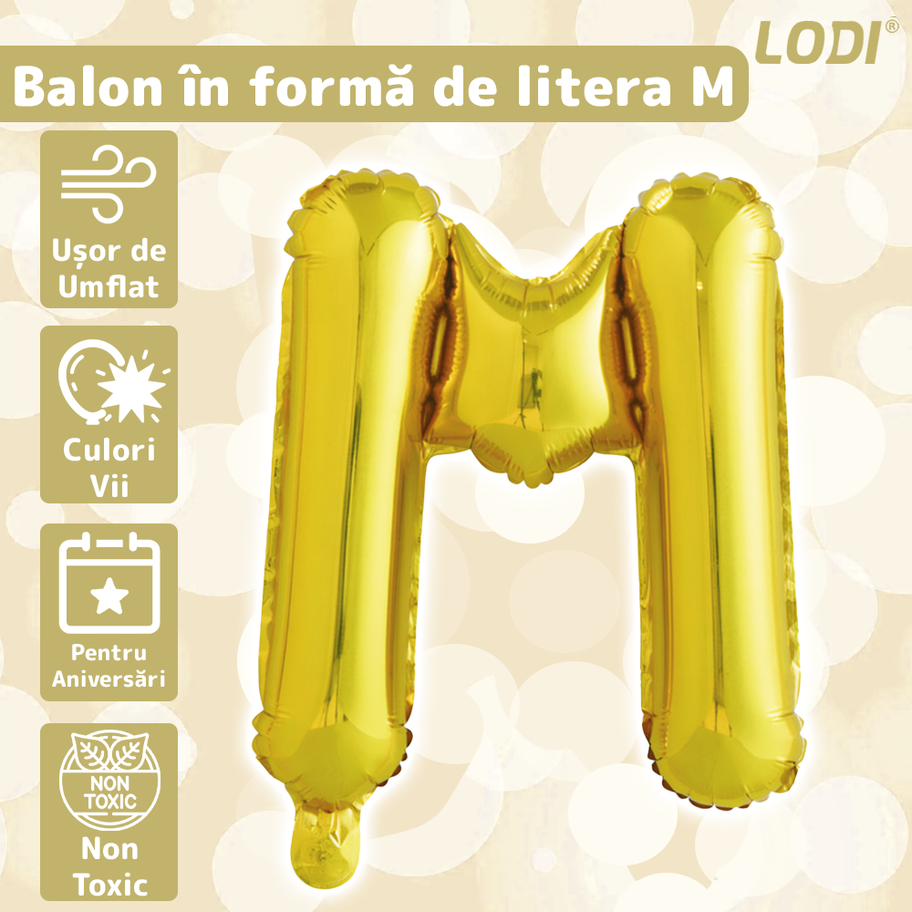 Balon in Forma de Litera M Lodi1466, metalizat, pentru Petreceri/Aniversari/Evenimente, rezistent, folie, gold, 40 cm