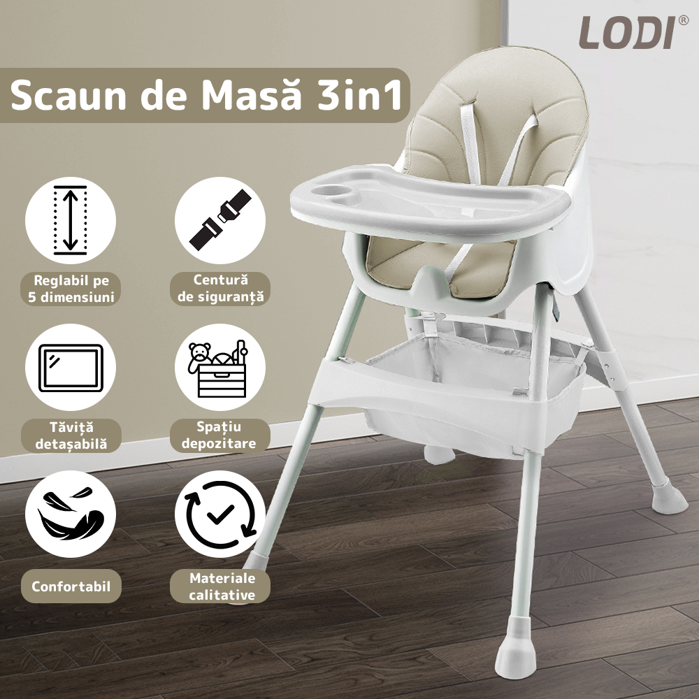 Scaun de Masa 3in1 pentru Bebelusi si Copii Lodi636, inaltime ajustabila, centura de siguranta in 5 puncte, tavita reglabila si detasabila, loc depozitare jucarii, bej