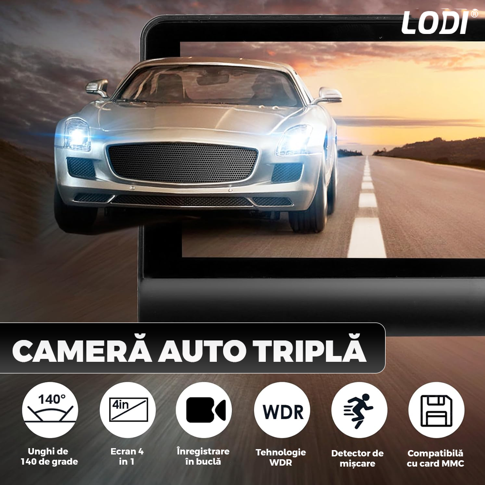 Camera Auto Tripla Lodi1498, fata, spate, interior, laterale, vizualizare unghi de 140°, camera marsarier, ecran de 4”, LED, full HD 1080p, loop recording, negru