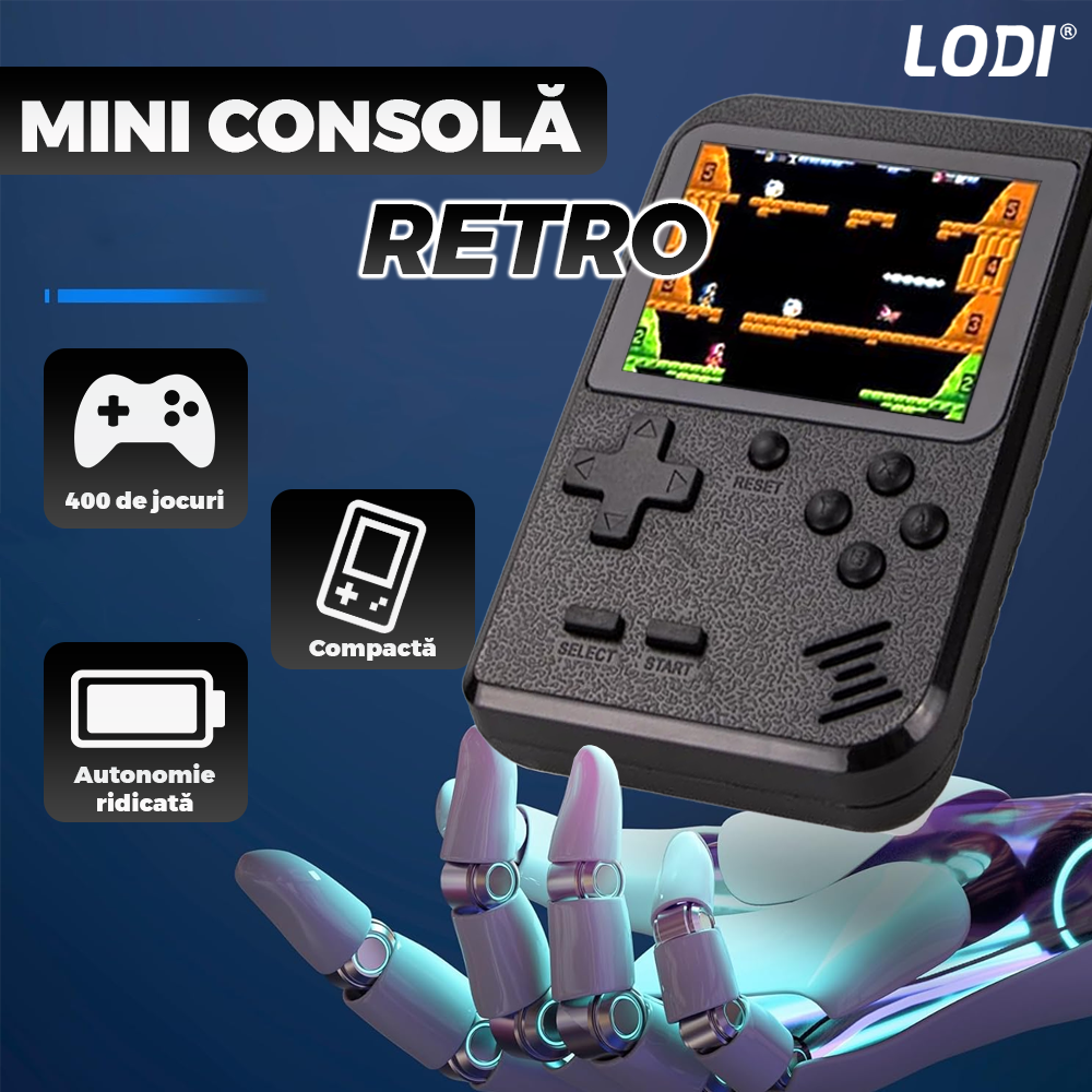 Mini Consola Jocuri Retro Game Box Lodi1502, SR-90, 400 in 1, maneta 2nd player inclusa, rotita volum, portabila, cablu AV, incarcare USB-MINI, autonomie ridicata,  11x8 cm, alb