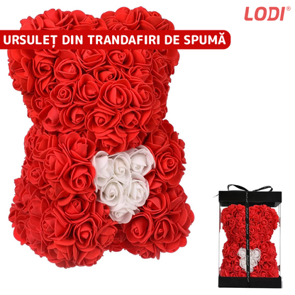 Ursulet din Trandafiri de Spuma Lodi334, floral rosu cu burtica alba, handmade, cutie transparenta, 25 cm