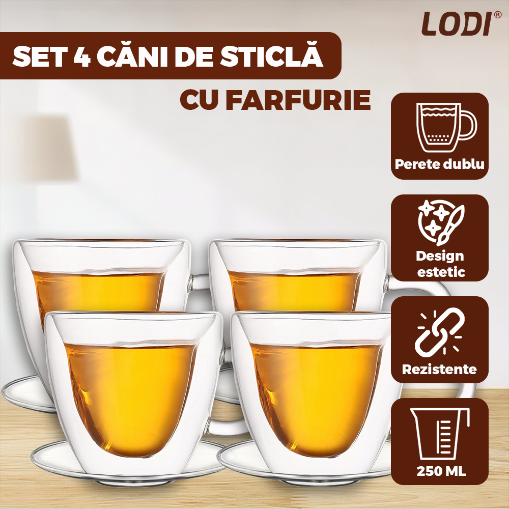 Set4 Cani de Sticla cu Perete Dublu Lodi1001, model inimioara, 4 farfurii suport, design modern, termorezistente, capacitate 250 ml, 9 x 8 cm