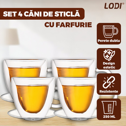Set4 Cani de Sticla cu Perete Dublu Lodi1001, model inimioara, 4 farfurii suport, design modern, termorezistente, capacitate 250 ml, 9 x 8 cm