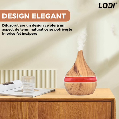 Difuzor Aromaterapie Lodi1462, forma conica, lumini ambientale, control tactil, capacitate 200ml, silentios, rezerva inclusa, alimentare USB, umidifica aerul, stejar deschis