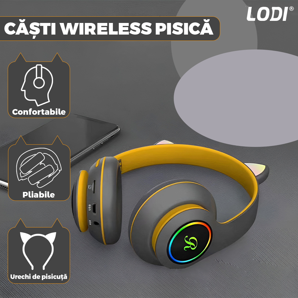 Casti Wireless Model Pisica Lodi950, overear, urechi de pisica cu iluminare RGB, bluetooth 5.0, handsfree, HiFi, bass stereo, gri/galben