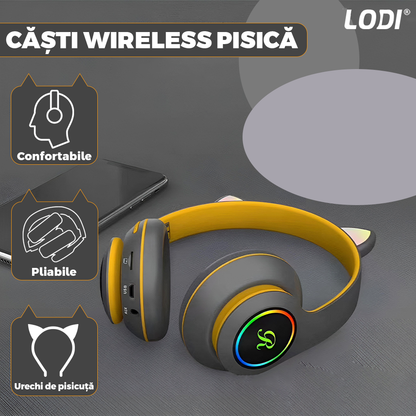 Casti Wireless Model Pisica Lodi950, overear, urechi de pisica cu iluminare RGB, bluetooth 5.0, handsfree, HiFi, bass stereo, gri/galben