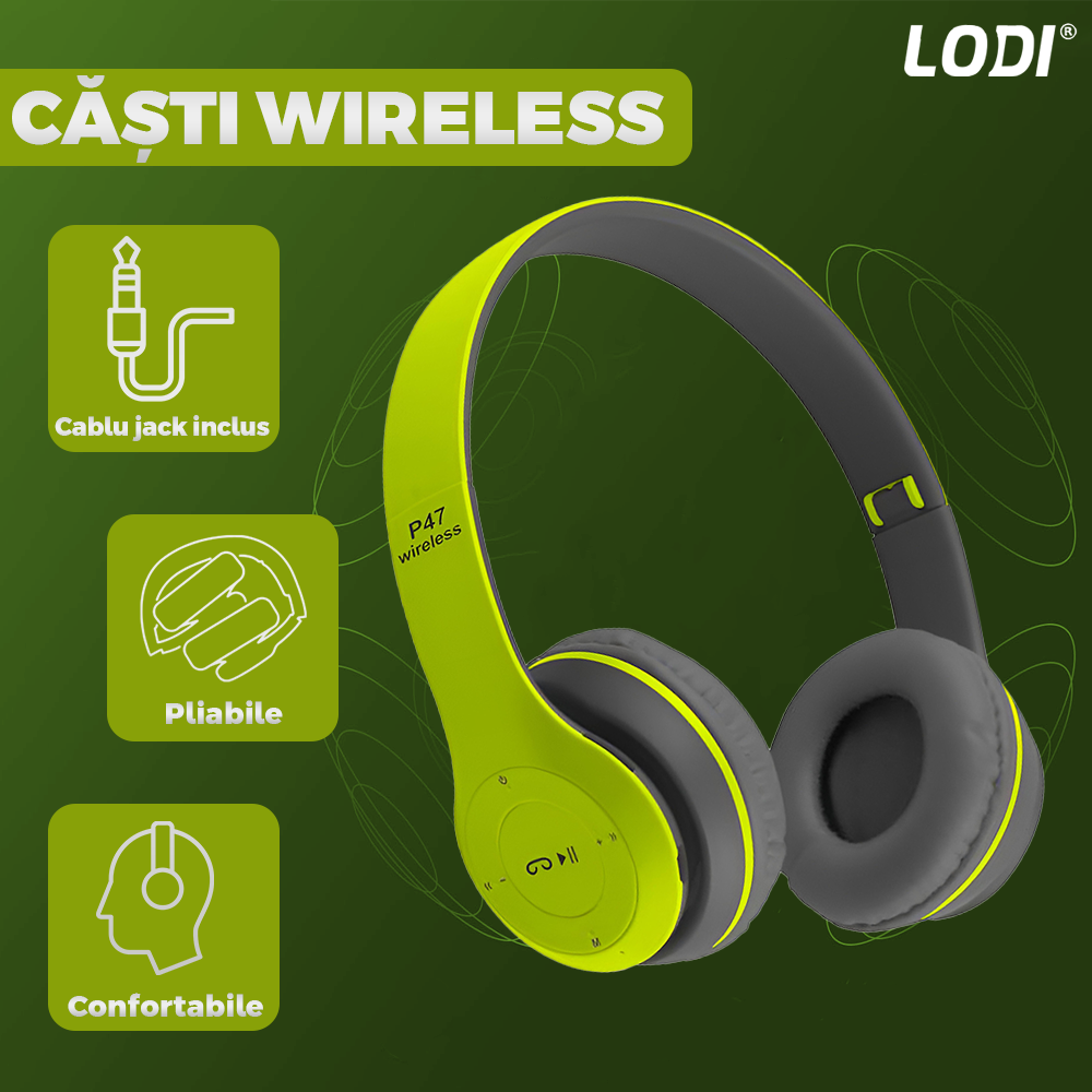 Casti Wireless Lodi957, P47, overear, bluetooth 5.0, 3 porturi integrate, handsfree, HiFi, bass stereo, gri/lime