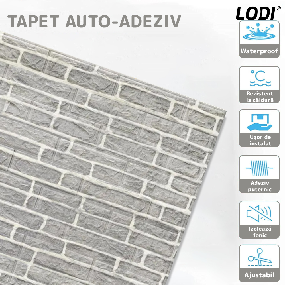 Set Tapet Caramida 3D Lodi83, Model Piatra Dreptunghiulara, suprafata acoperire 5.3 mp, autoadeziv, waterproof, usor de montat, design modern, 70x77 cm, gri