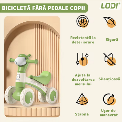 Bicicleta cu 4 Roti fara Pedale Oita Lodi1102, structura stabila, cap luminos, functie cu muzica, lansator de baloane incorporat,  80 x 58 x 51 cm, 1-3 ani, verde