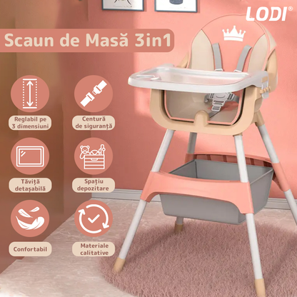 Scaun de Masa 3in1 pentru Bebelusi si Copii  Lodi90, inaltime ajustabila, centura de siguranta in 5 puncte, tavita reglabila si detasabila, loc depozitare jucarii, roz