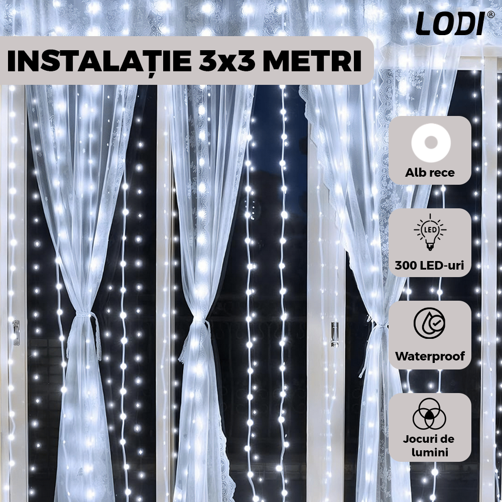 Instalatie de Craciun Perdea Lodi1440, 3x3 m, 8 jocuri de lumini, alimentare la priza, fir alb, interior/exterior, rezistenta la apa, 300 LED-uri, alb rece