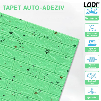 Set Tapet Caramida 3D Lodi72, model Stelute, suprafata acoperire 5.3 mp, autoadeziv, waterproof, usor de montat, design modern, 70x77 cm, verde