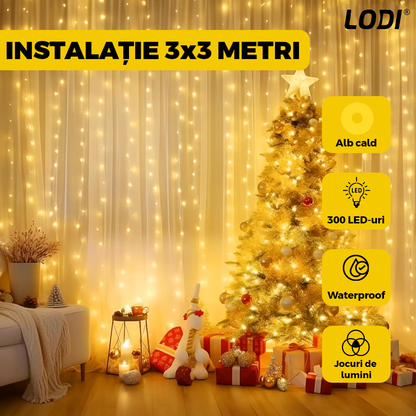 Instalatie de Craciun Perdea Lodi1441, fir cupru, 3x3 m, control prin telecomanda, 8 jocuri de lumini, alimentare USB, fir alb, interior/exterior, 300 LED-uri, alb cald
