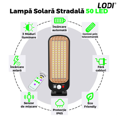 Lampa Solara Stradala 50 LED-uri Lodi884, control prin telecomanda, senzor de miscare, 3 moduri de iluminare, protectie IP65, Waterproof, exterior, negru