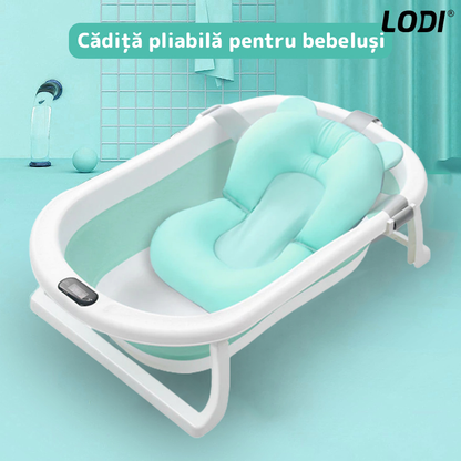 Cadita cu Pernuta pentru Bebelusi Lodi1314, casca de protectie inclusa, termometru digital incorporat, pliabila, dop de scurgere, picioare anti-alunecare, design ergonomic, 75 x 45 x 22 cm, verde