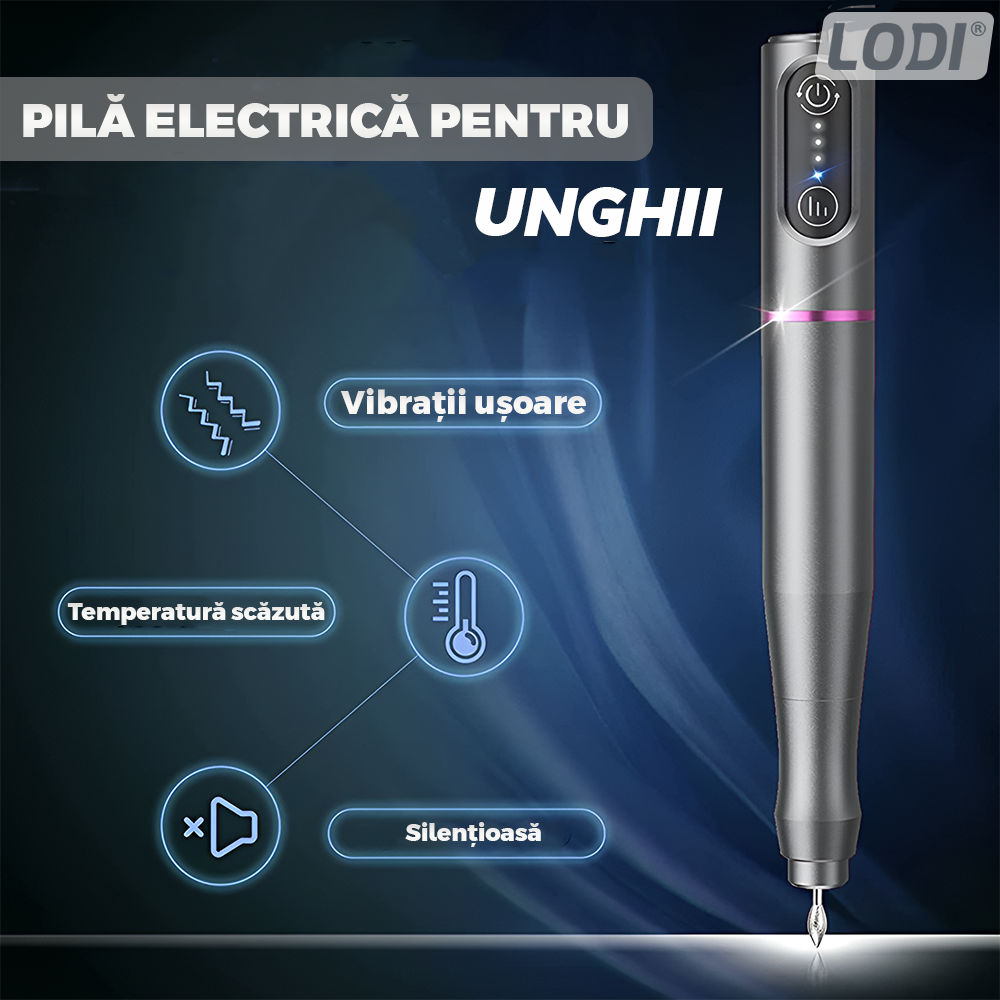 Pila Electrica Profesionala pentru Unghii Lodi1139, freza wireless, 20000 RPM, indicator LED, manichiura-pedichiura, 6 capete pentru pila, 60 benzi de slefurie, portabila, gri