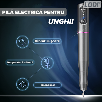 Pila Electrica Profesionala pentru Unghii Lodi1139, freza wireless, 20000 RPM, indicator LED, manichiura-pedichiura, 6 capete pentru pila, 60 benzi de slefurie, portabila, gri