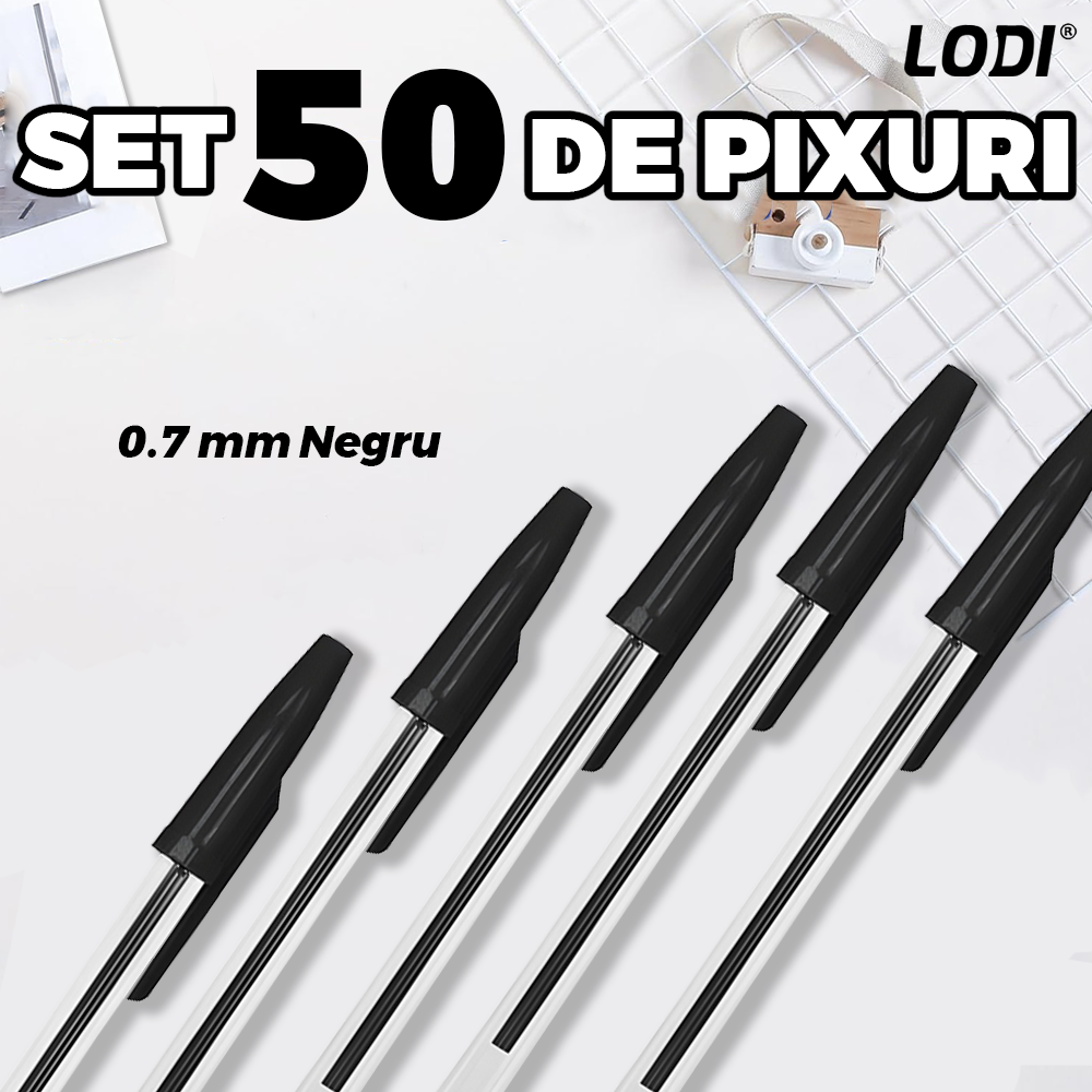 Set 50 de Pixuri Lodi1509, tip ballpoint, material rezistent, durabile, rezistente in timp, cap 0.7 mm, scriere neteda cu uscare rapida, cu capac, corp de plastic, negru