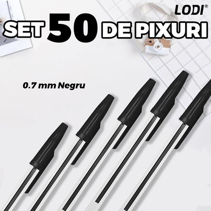 Set 50 de Pixuri Lodi1509, tip ballpoint, material rezistent, durabile, rezistente in timp, cap 0.7 mm, scriere neteda cu uscare rapida, cu capac, corp de plastic, negru