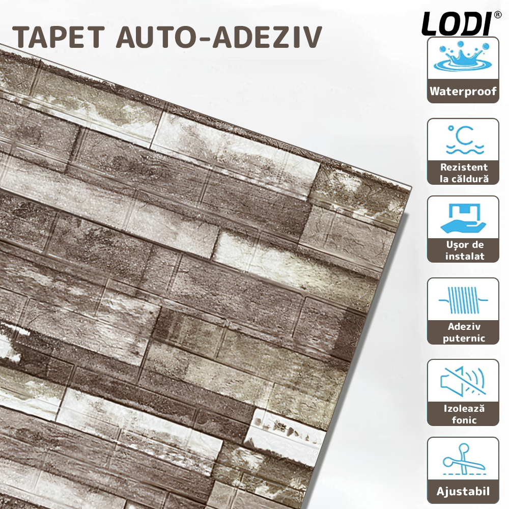 Set 10x Tapet Caramida 3D Lodi1087, Model Lemn, suprafata acoperire 5.3. mp, autoadeziv, waterproof, usor de montat, design modern, 70x77 cm, maro inchis