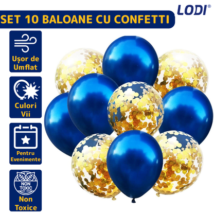 Set 10 Baloane Lodi257, Confeti, pentru Petreceri/Aniversari/Evenimente, o singura dimensiune, 2 culori, latex, albastru/auriu