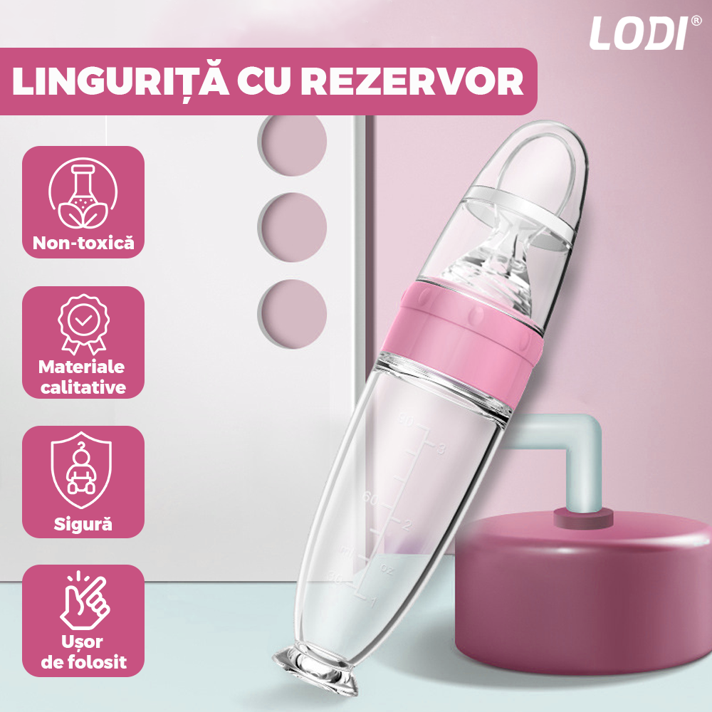 Lingurita de Silicon cu Rezervor Lodi544, polipropilena, fara BPA, termorezistenta, portabila, recipient gradat, 20.3 cm, roz