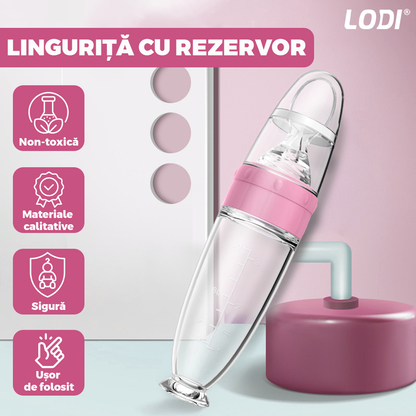 Lingurita de Silicon cu Rezervor Lodi544, polipropilena, fara BPA, termorezistenta, portabila, recipient gradat, 20.3 cm, roz
