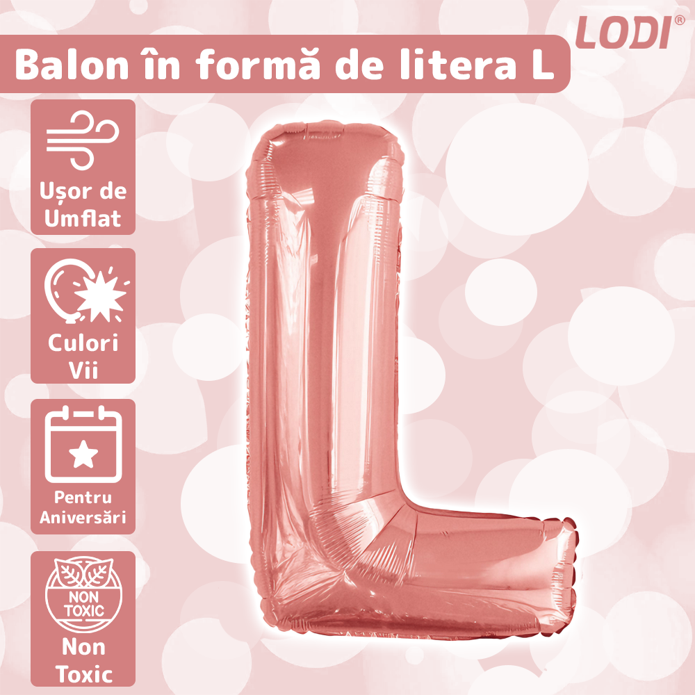 Balon in Forma de Litera L Lodi1472, metalizat, pentru Petreceri/Aniversari/Evenimente, rezistent, folie, rose gold, 40 cm