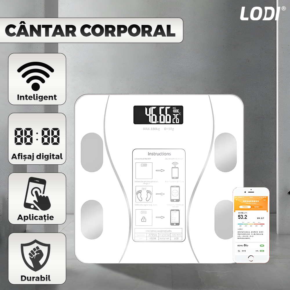 Cantar Electronic Inteligent Lodi1284, pentru baie, corporal, aplicatie smart, indicator greutate/baterie/temperatura, conectare bluetooth, afisaj digital iluminat, greutate maxima suportata 180 kg, baterii incluse,alb